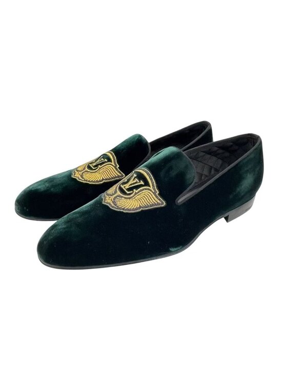 Louis Vuitton Loafers LV Logo Velour Embroidery Gold Thread Green 8.5 main image 4